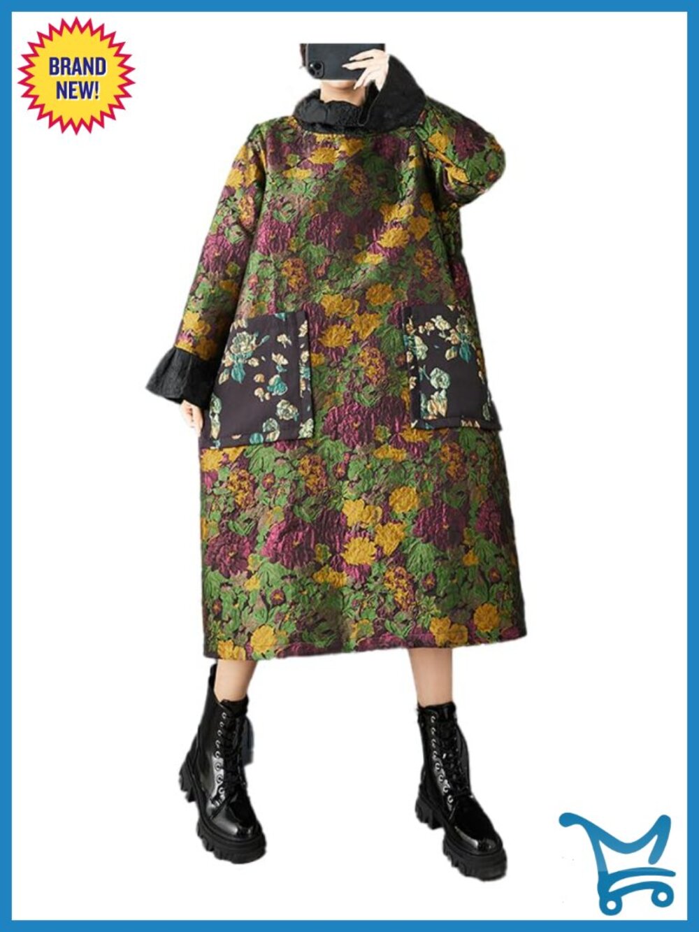 Oversized Jacquard Floral High Neck Maxi Dress Long Sleeve Cotton